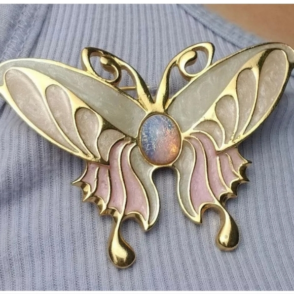 Butterfly Brooch Pin Pastel Colors Gold Colored Back Center Stone Glass Enamel - Picture 5 of 5